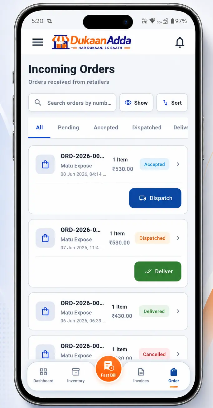 DukaanAdda Incoming Orders Management Screen